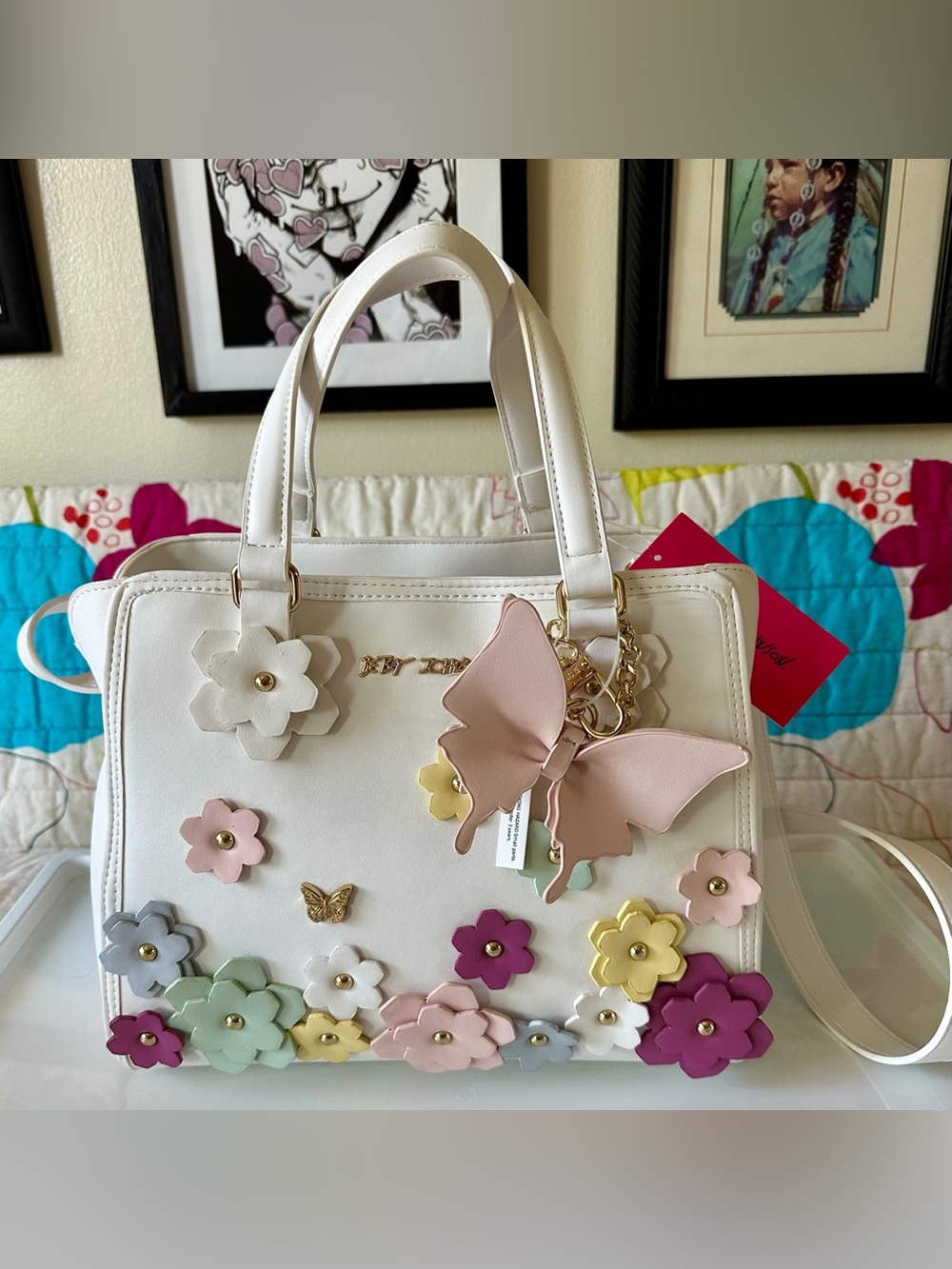 nwt betsey johnson white vegan leather floral handbag